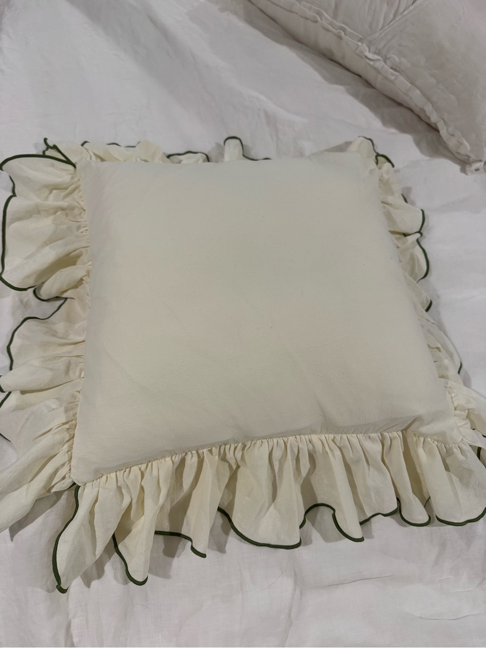 Ruffled Square Pillow with Green Piped Edge - Cream
